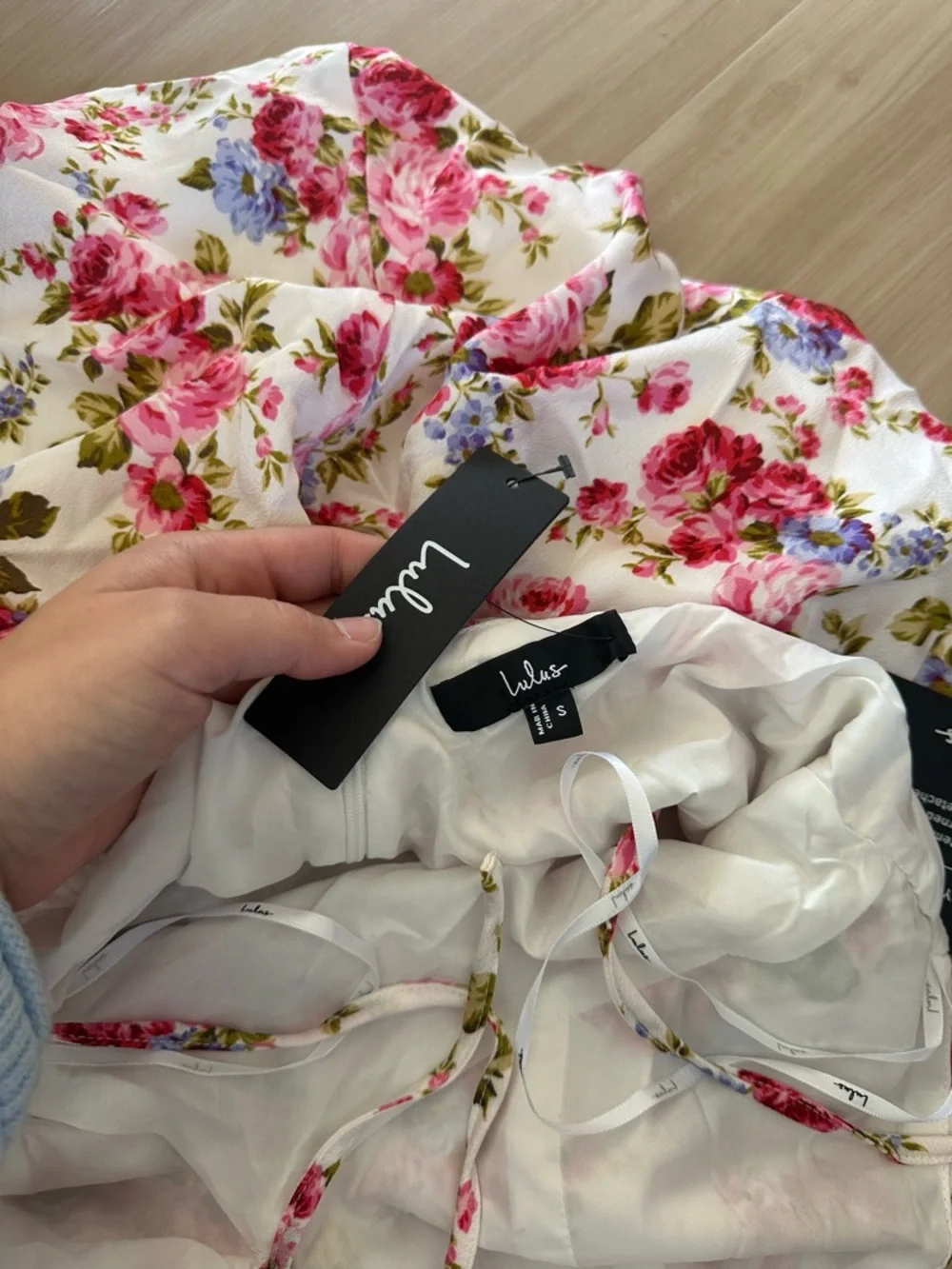 LULU’S Mayar Ivory Floral Satin Cross-Front Halter Mini Dress - Picture 5 of 5